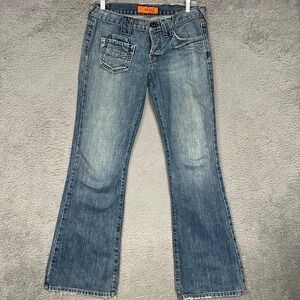 VTG Angel Jeans Women's Sz 9 (32 x 31) Blue Denim Button Fly Low Rise Flared Y2K